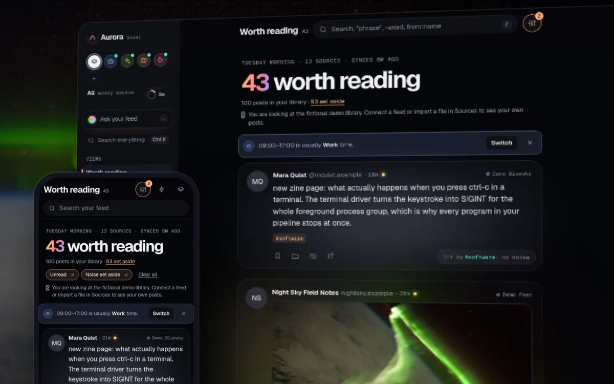 Aurora on a laptop and a phone, showing a feed of 43 posts worth reading