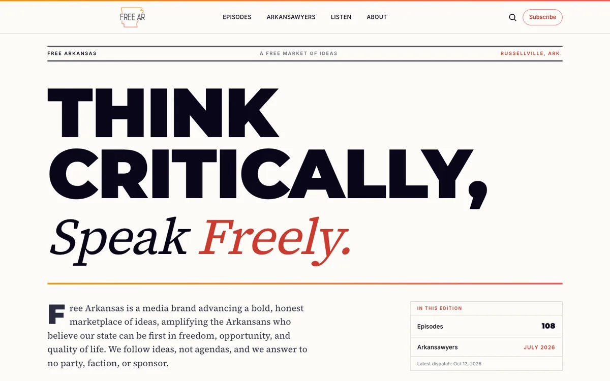 The Free Arkansas homepage: Think critically, speak freely