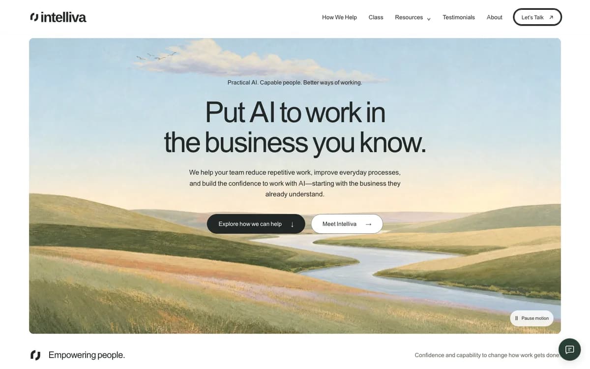 The Intelliva homepage: Put AI to work in the business you know, over a painted river valley