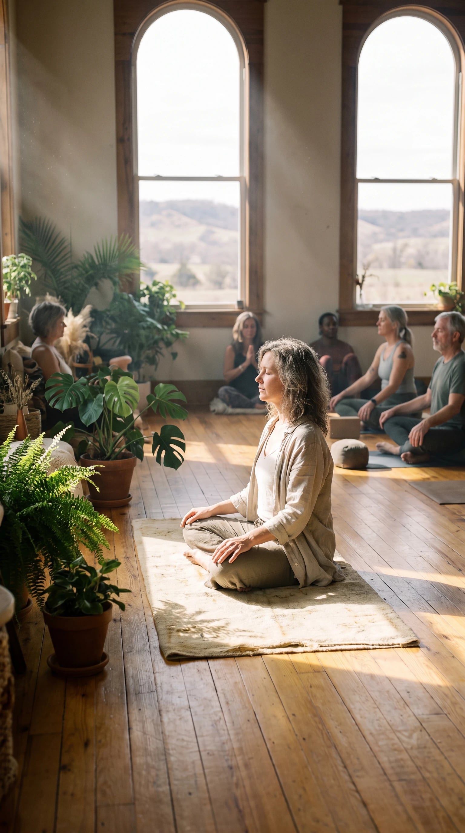 A woman sitting cross-legged in morning light in the studio