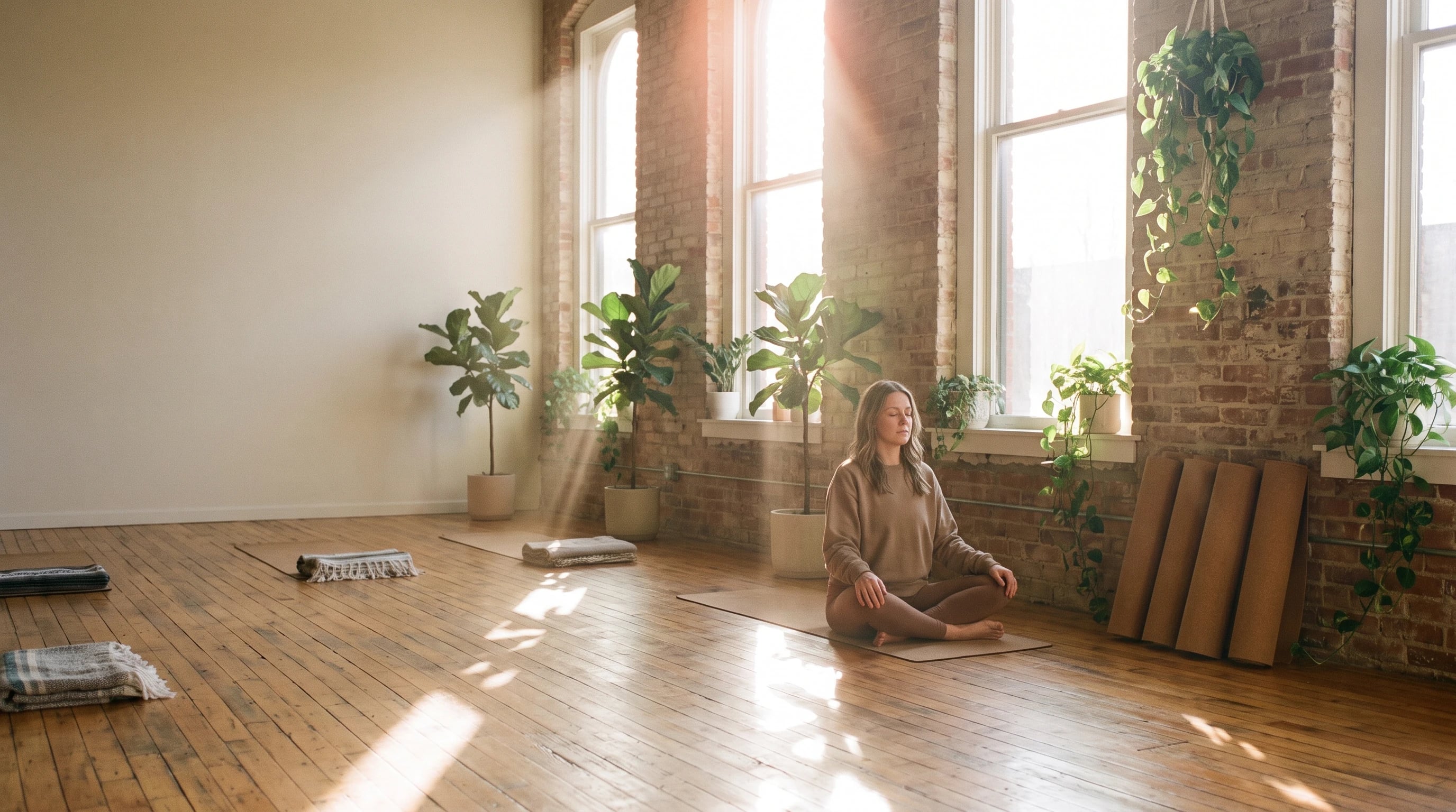 A woman sitting cross-legged in morning light in the studio