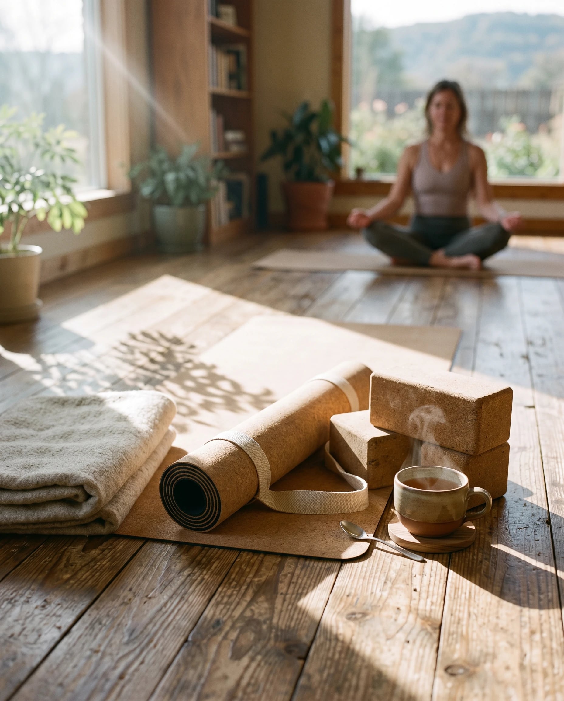 A cork mat, blocks, a wool blanket and a cup of tea in a beam of sun
