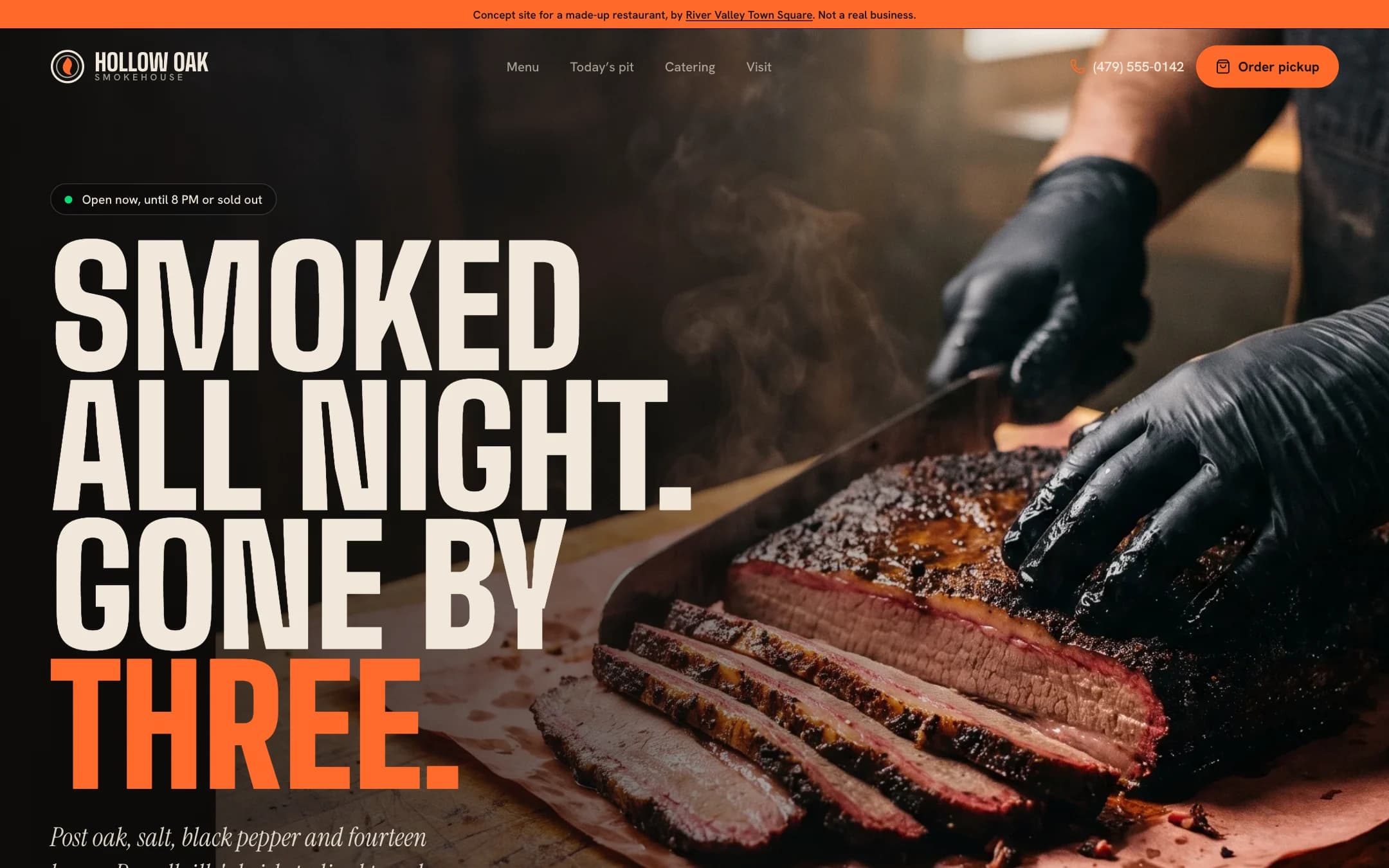 Concept website for Hollow Oak Smokehouse, a made-up barbecue business, by River Valley Town Square