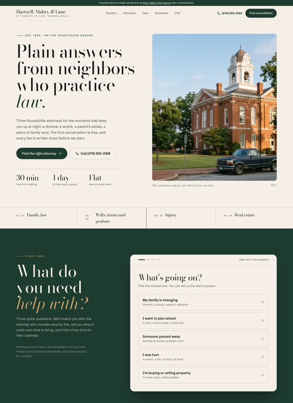 Concept homepage for a made-up law firm