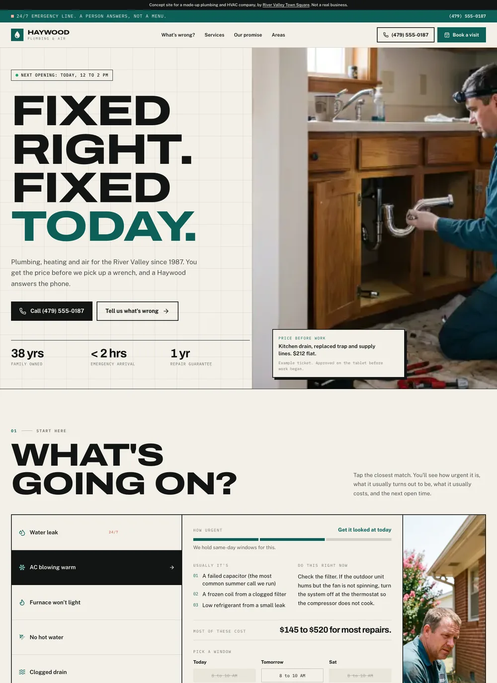 Concept homepage for a made-up plumbing and hvac