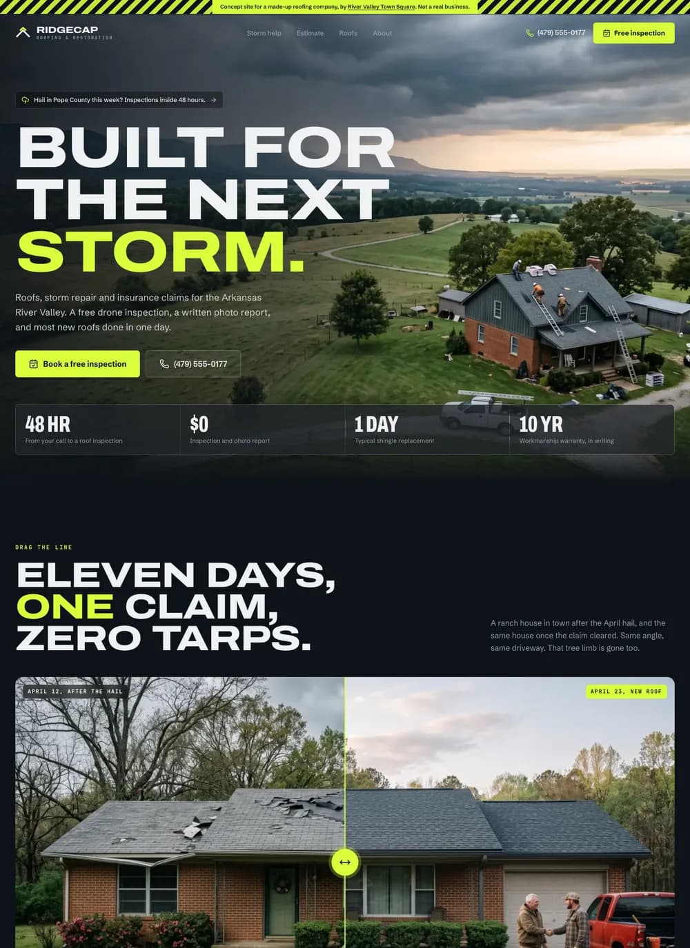 Concept homepage for a made-up roofing