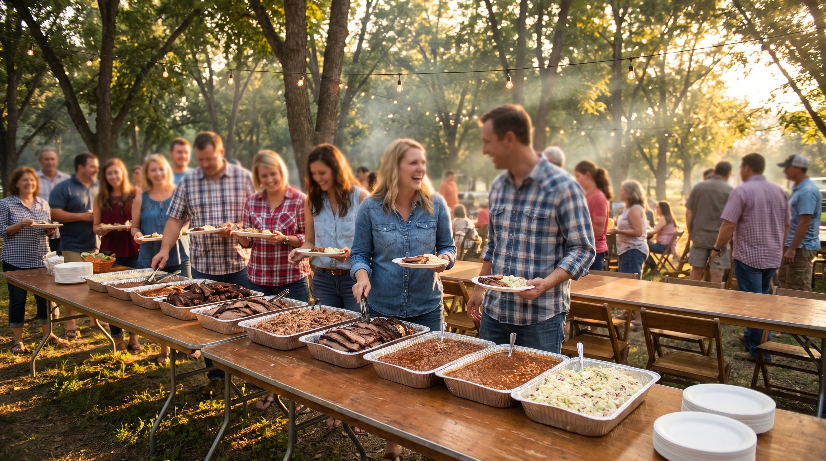 A family reunion lined up at a barbecue catering spread under pecan trees