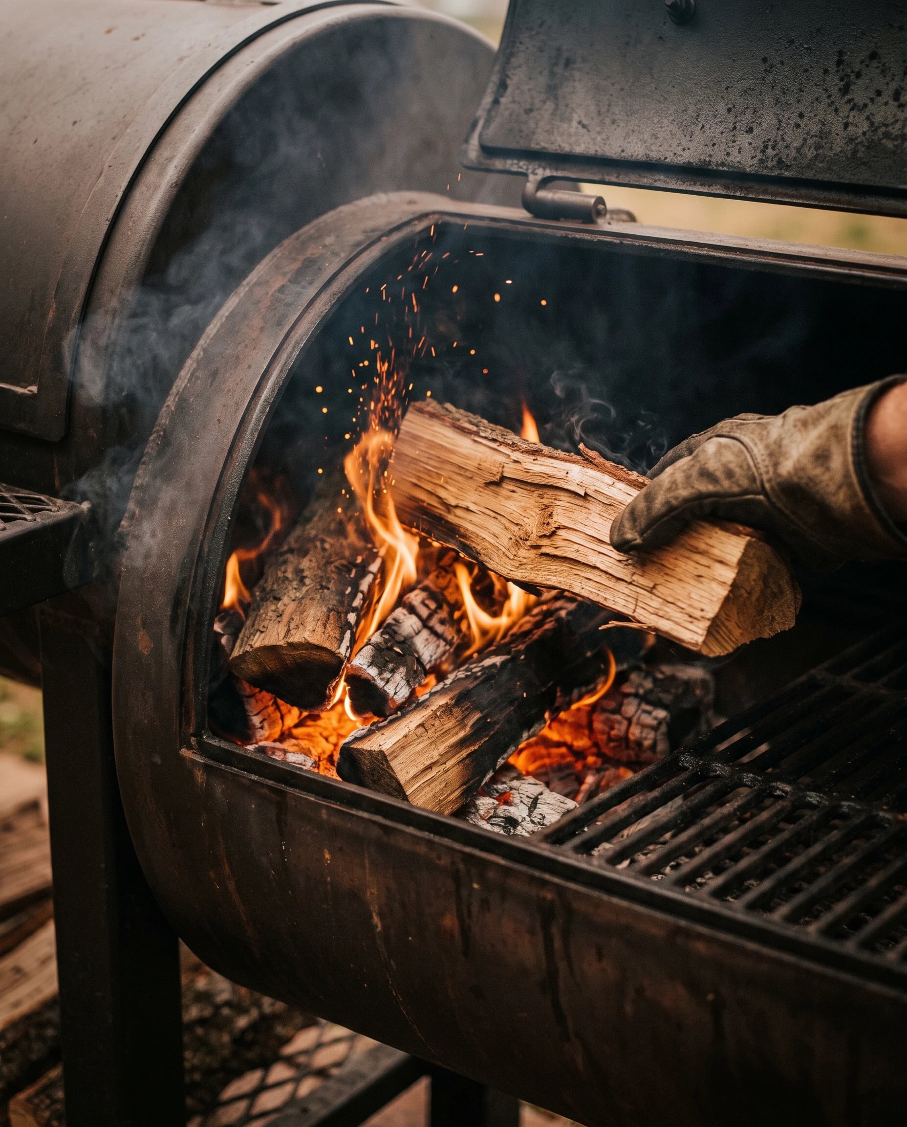 Split oak burning in the smoker's firebox