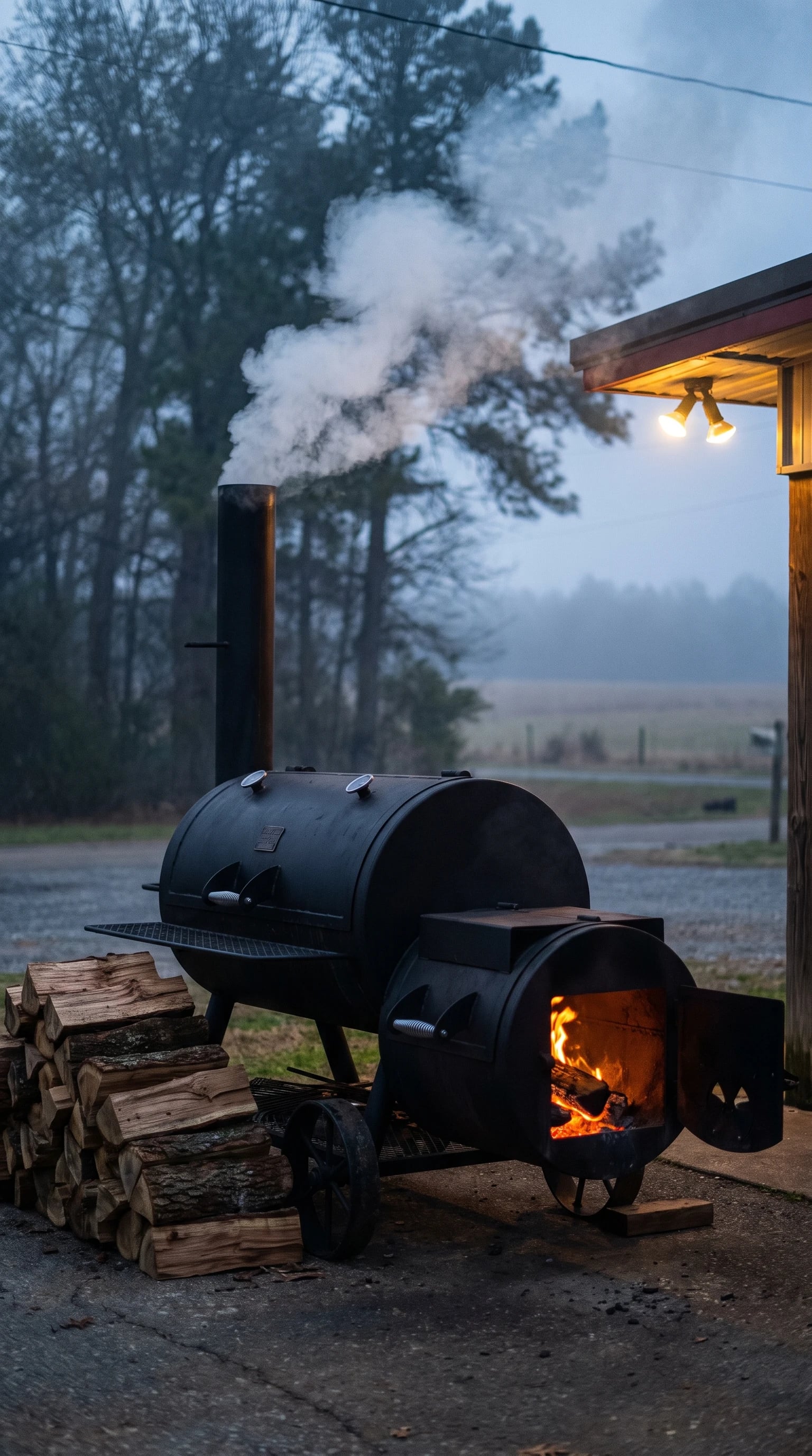 The offset smoker rolling smoke at dawn behind the restaurant