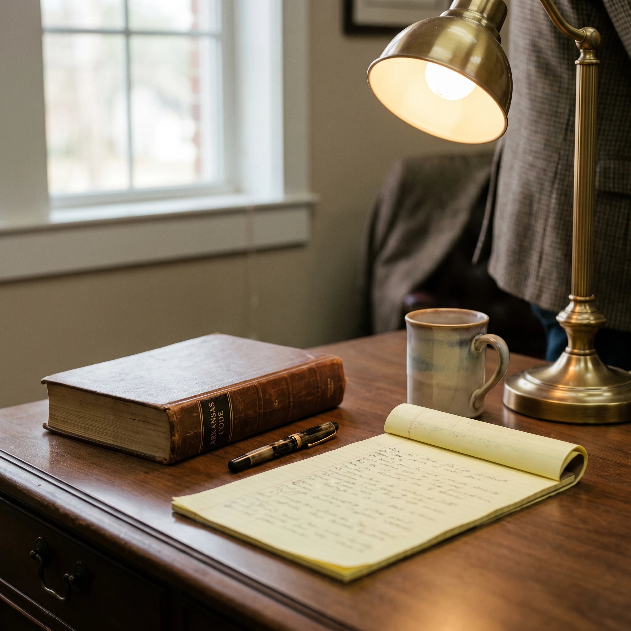 A law book, fountain pen and legal pad on a walnut desk