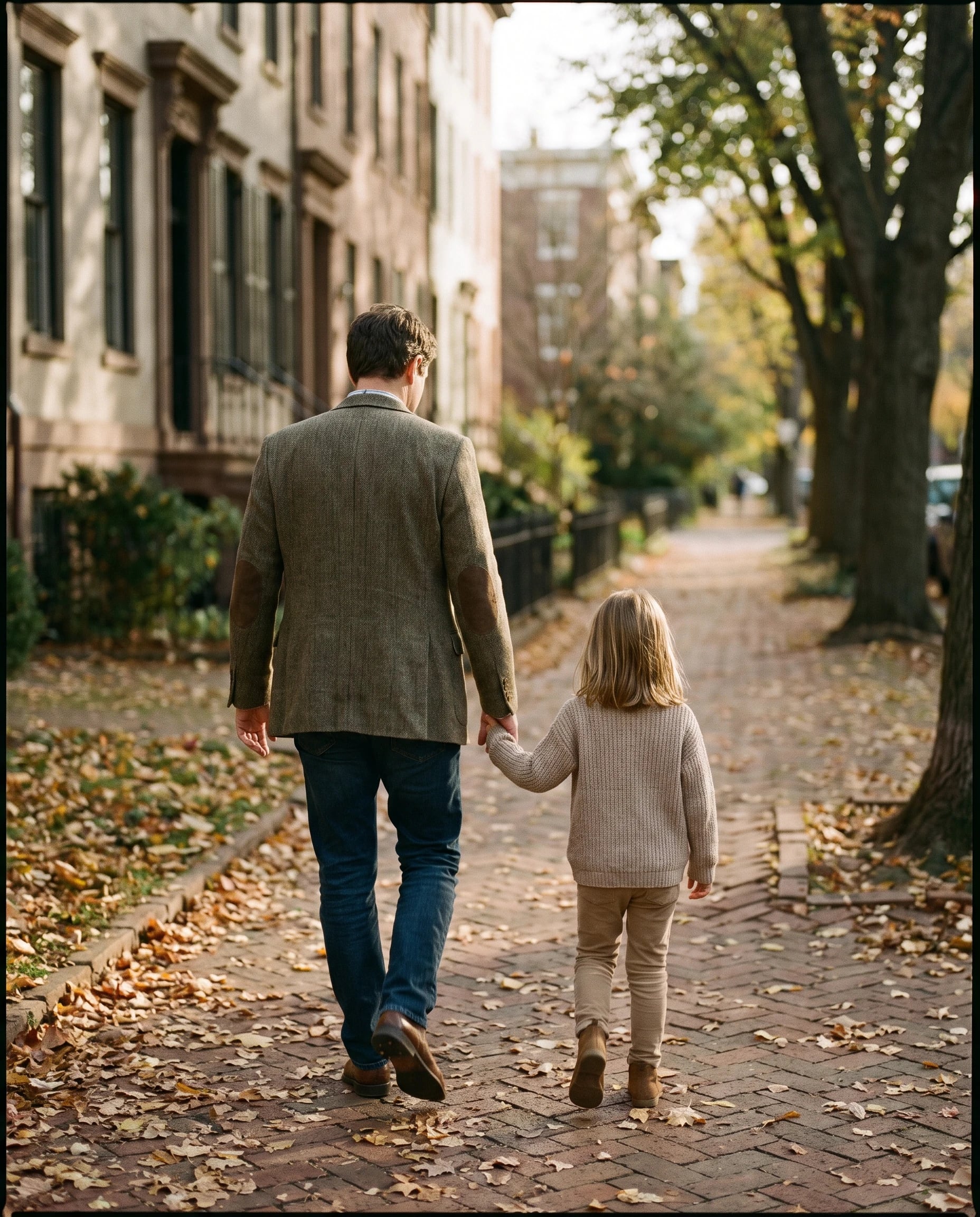 A father and daughter walking down a tree-lined sidewalk