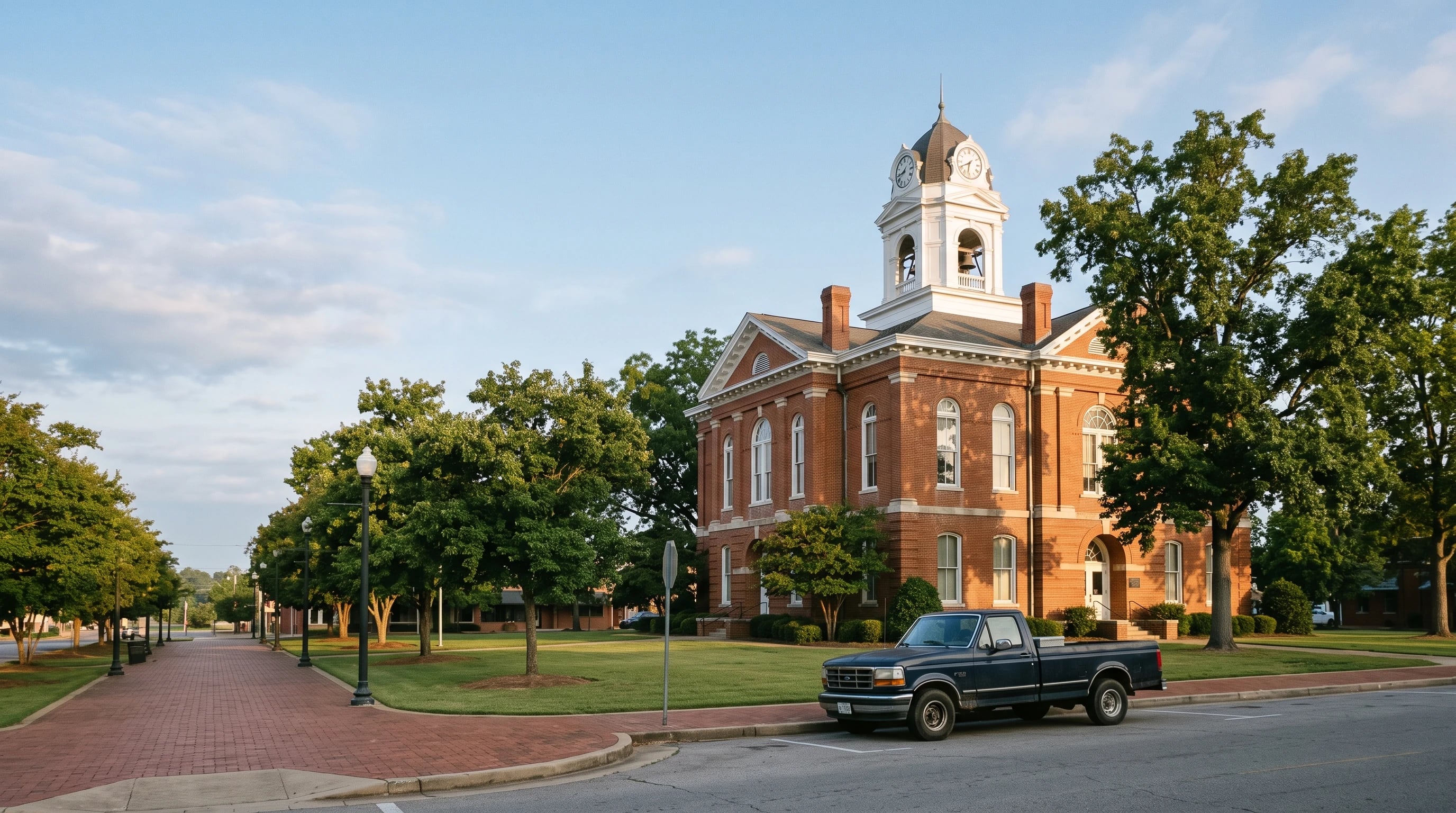 A historic brick courthouse on a small-town square in morning light