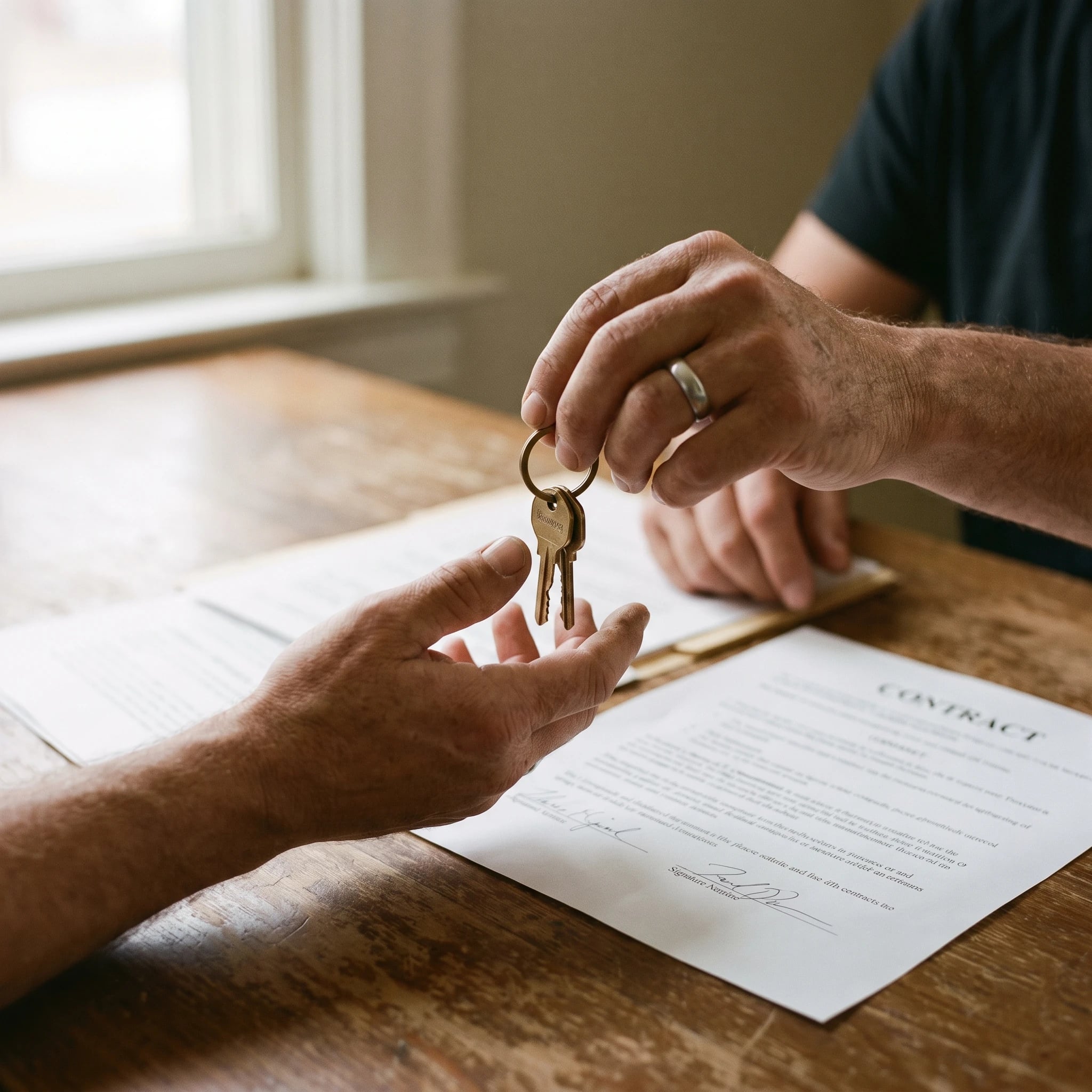 Hands passing house keys across a table