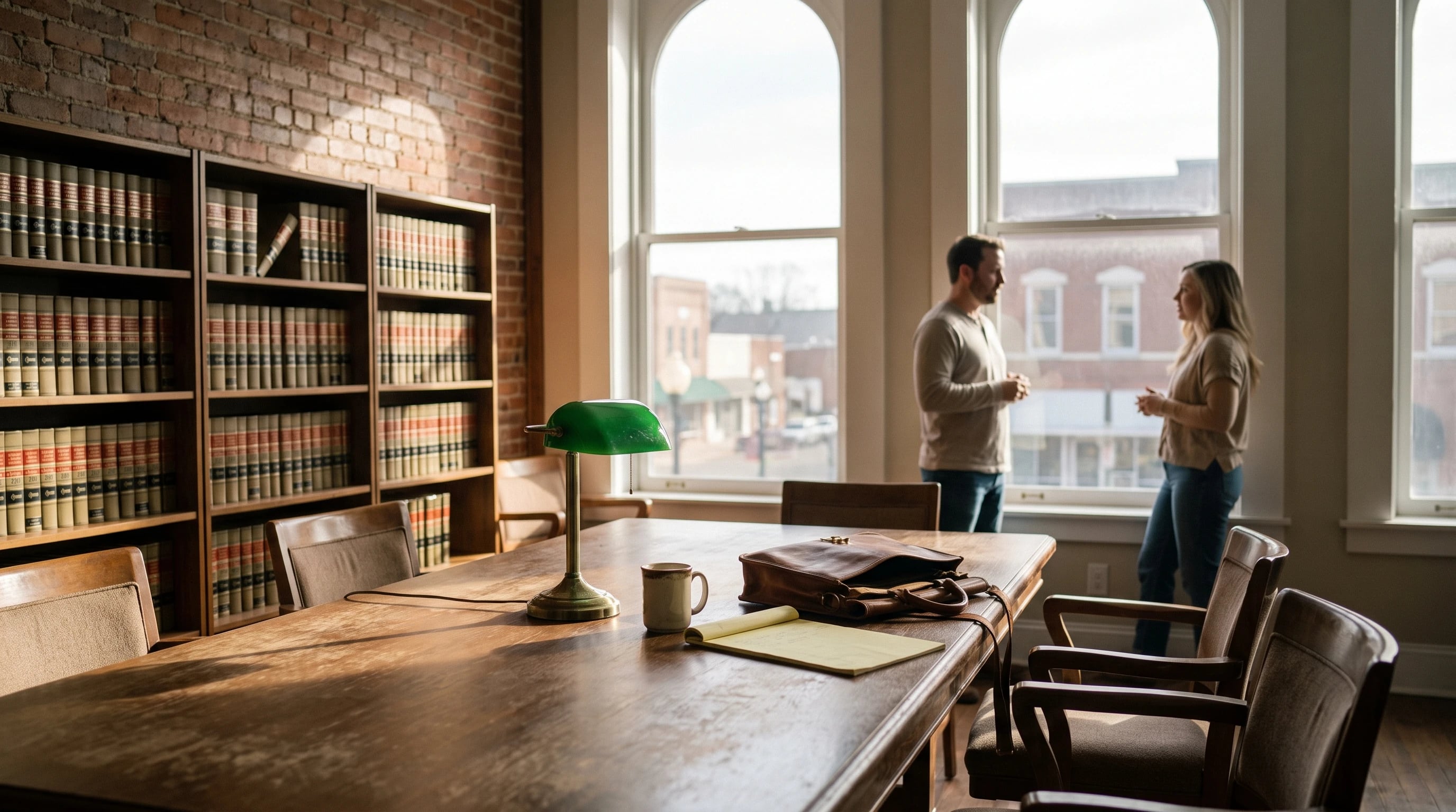 The office conference room with exposed brick and tall windows