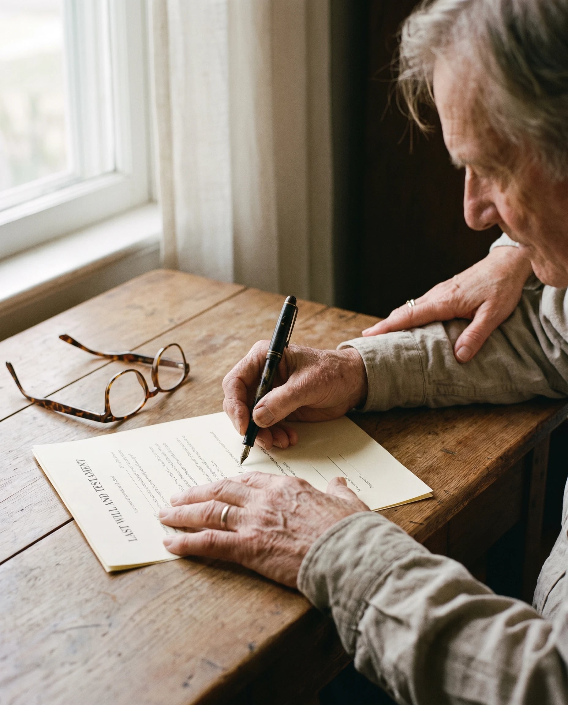 An older man signing a will with a fountain pen