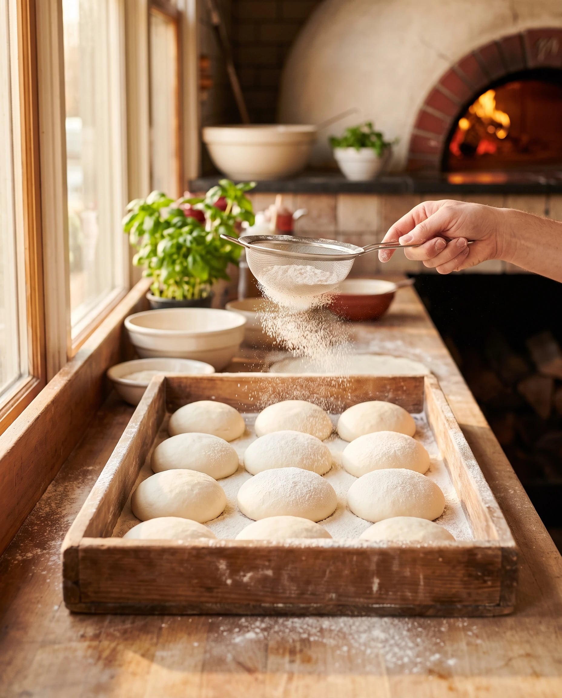 Dough balls proofing in a floured tray