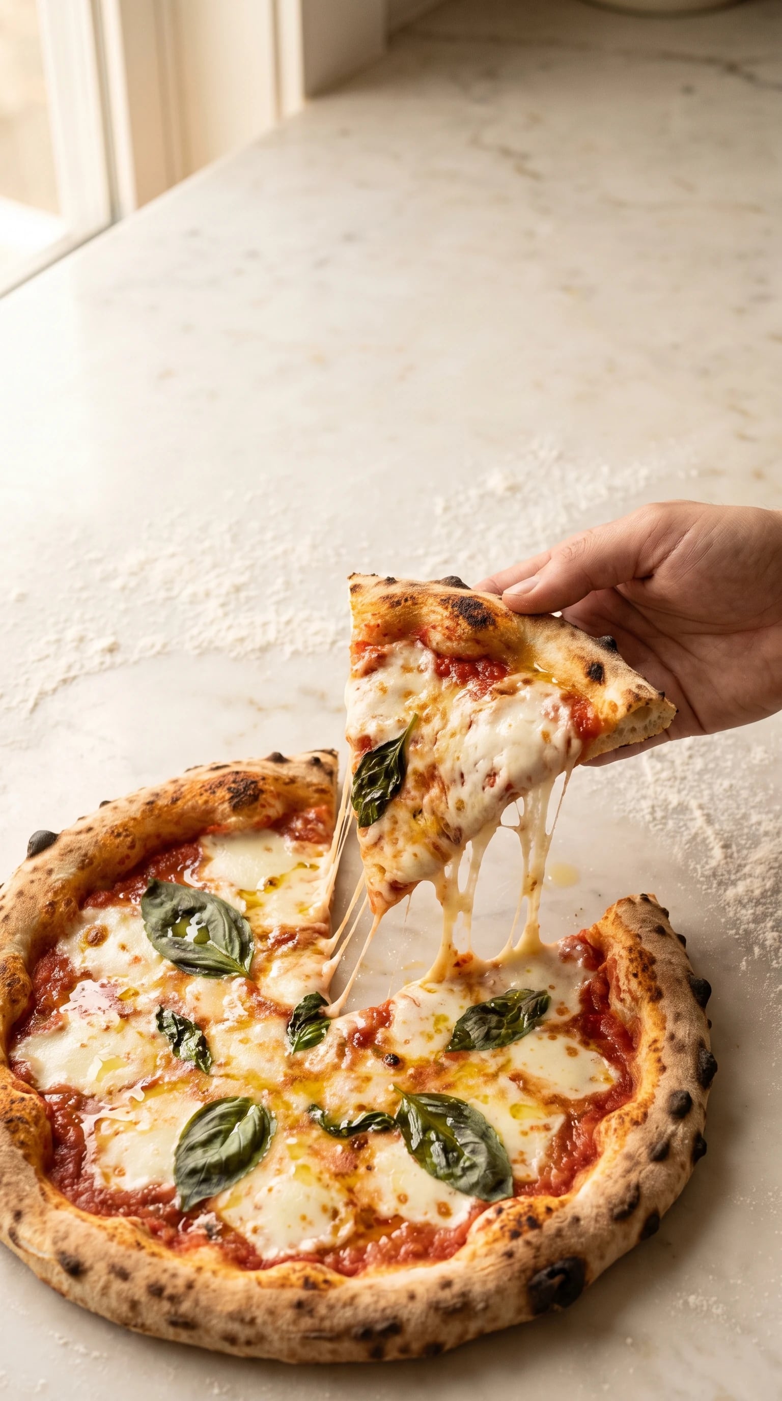 A wood-fired margherita with a slice being pulled away