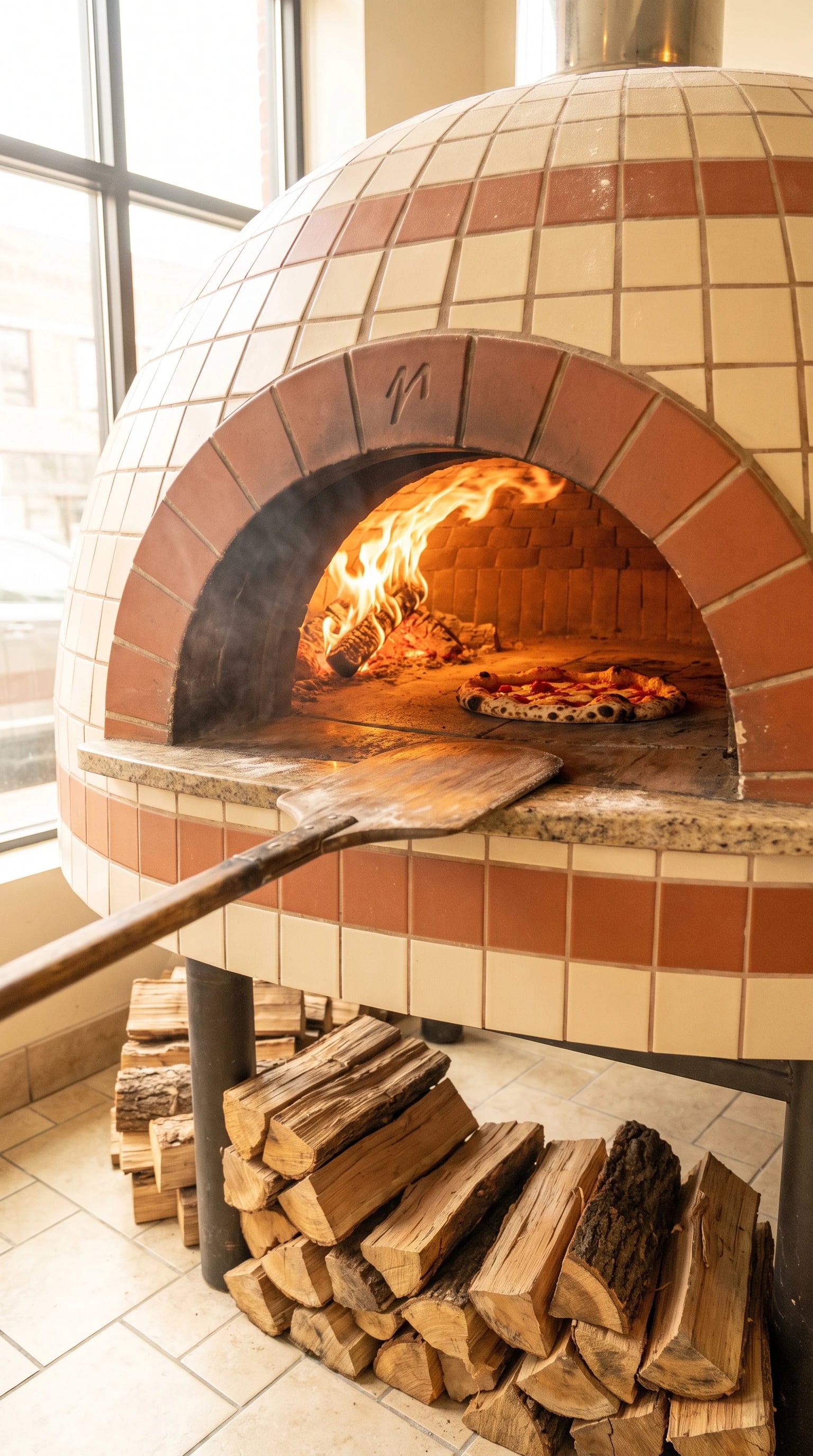 The dome oven with flames rolling across the ceiling