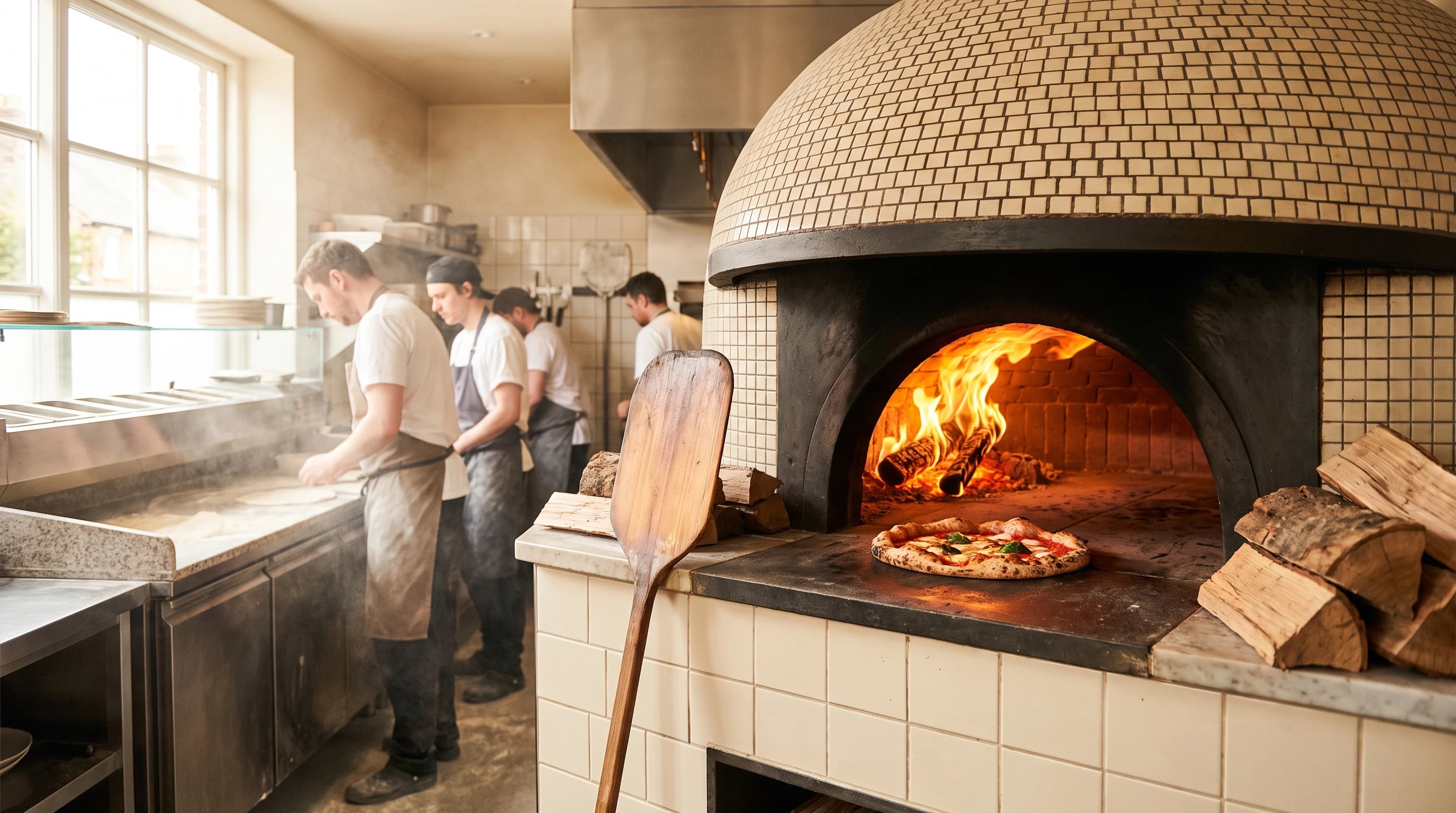 The dome oven with flames rolling across the ceiling