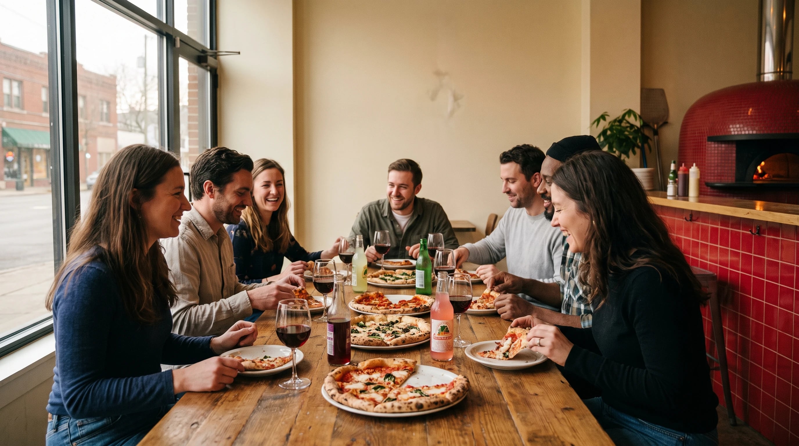 Friends sharing pizzas around a long table
