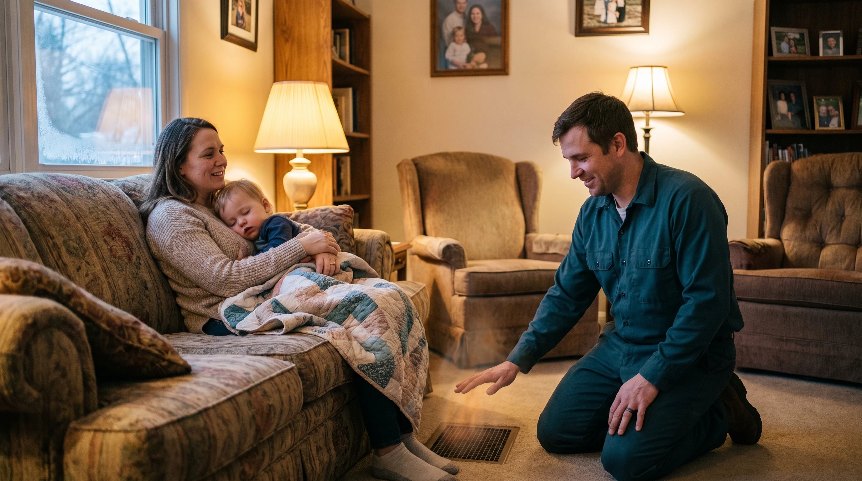 A family warm again on the couch after their furnace was fixed