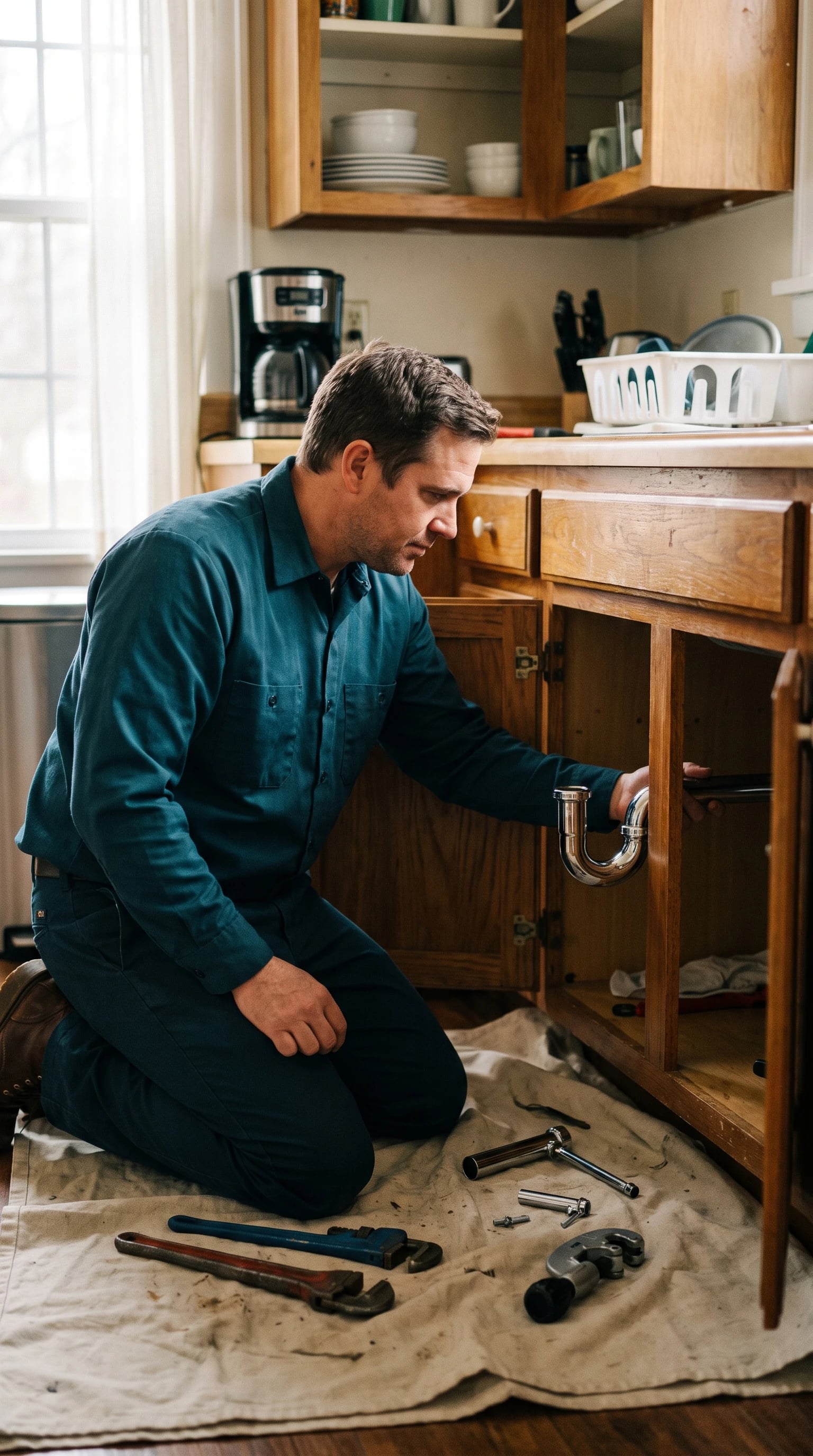 A Haywood plumber fitting a new drain trap under a kitchen sink