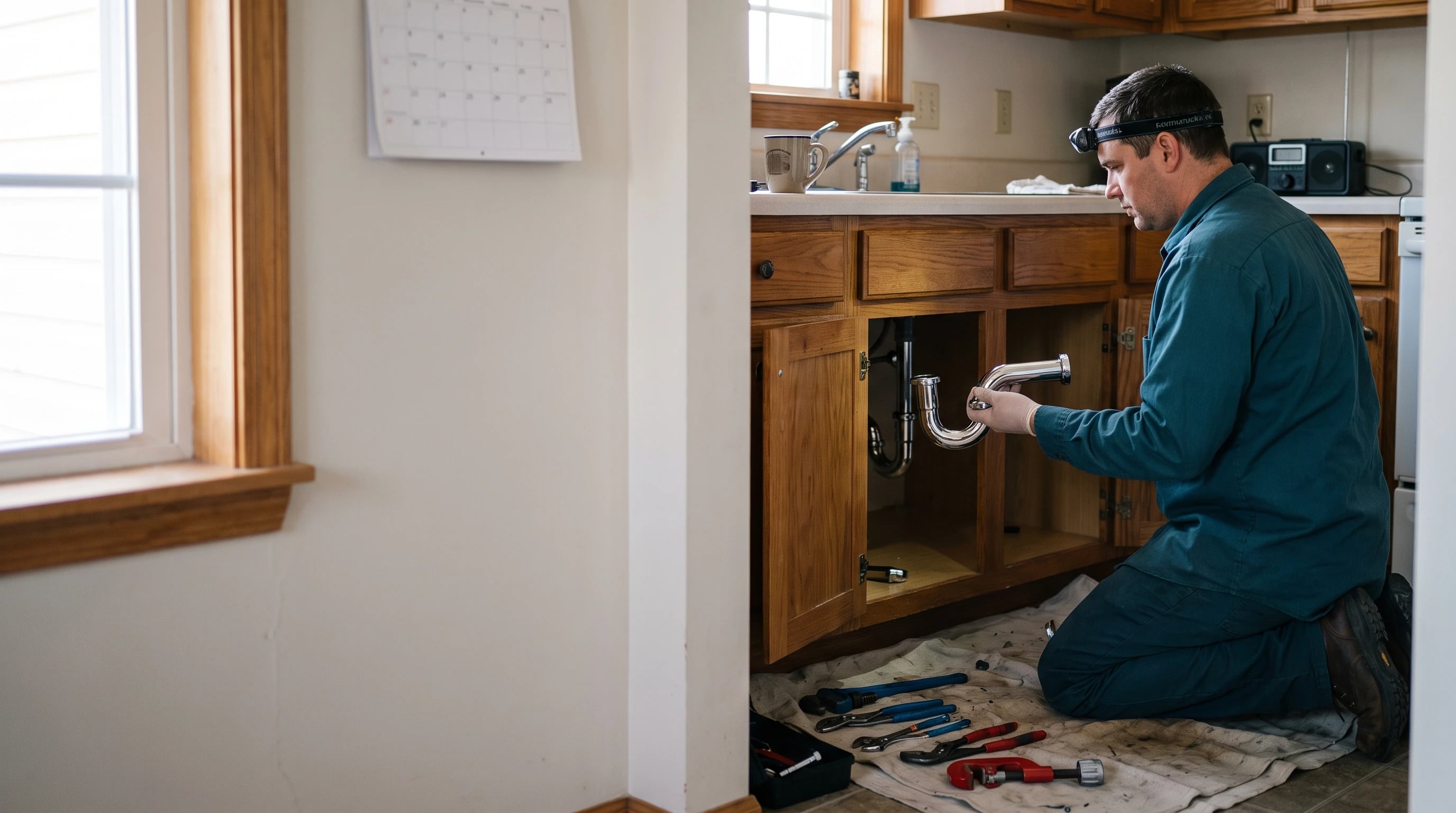 A Haywood plumber fitting a new drain trap under a kitchen sink