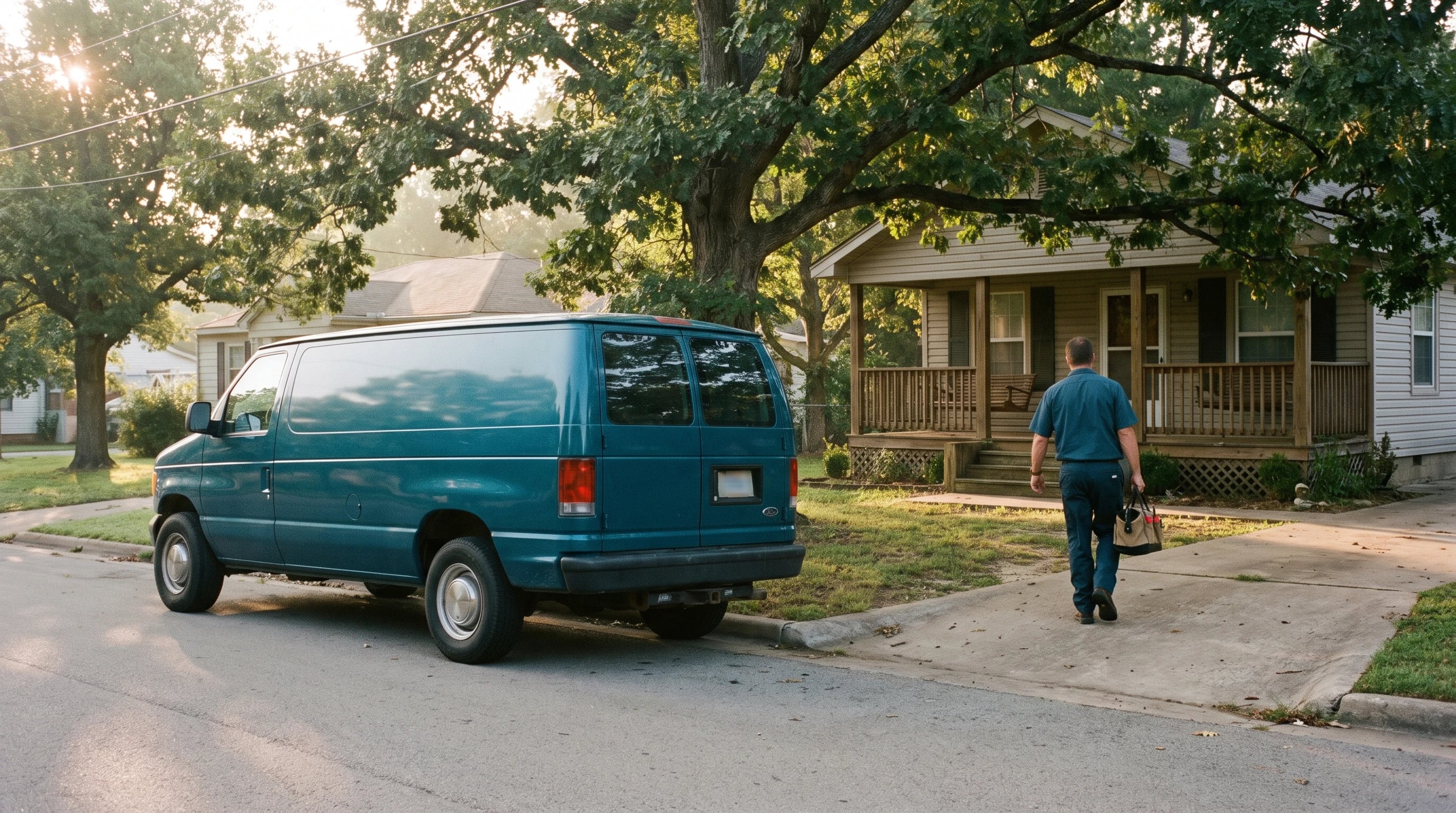 A teal Haywood van parked on a tree-lined River Valley street