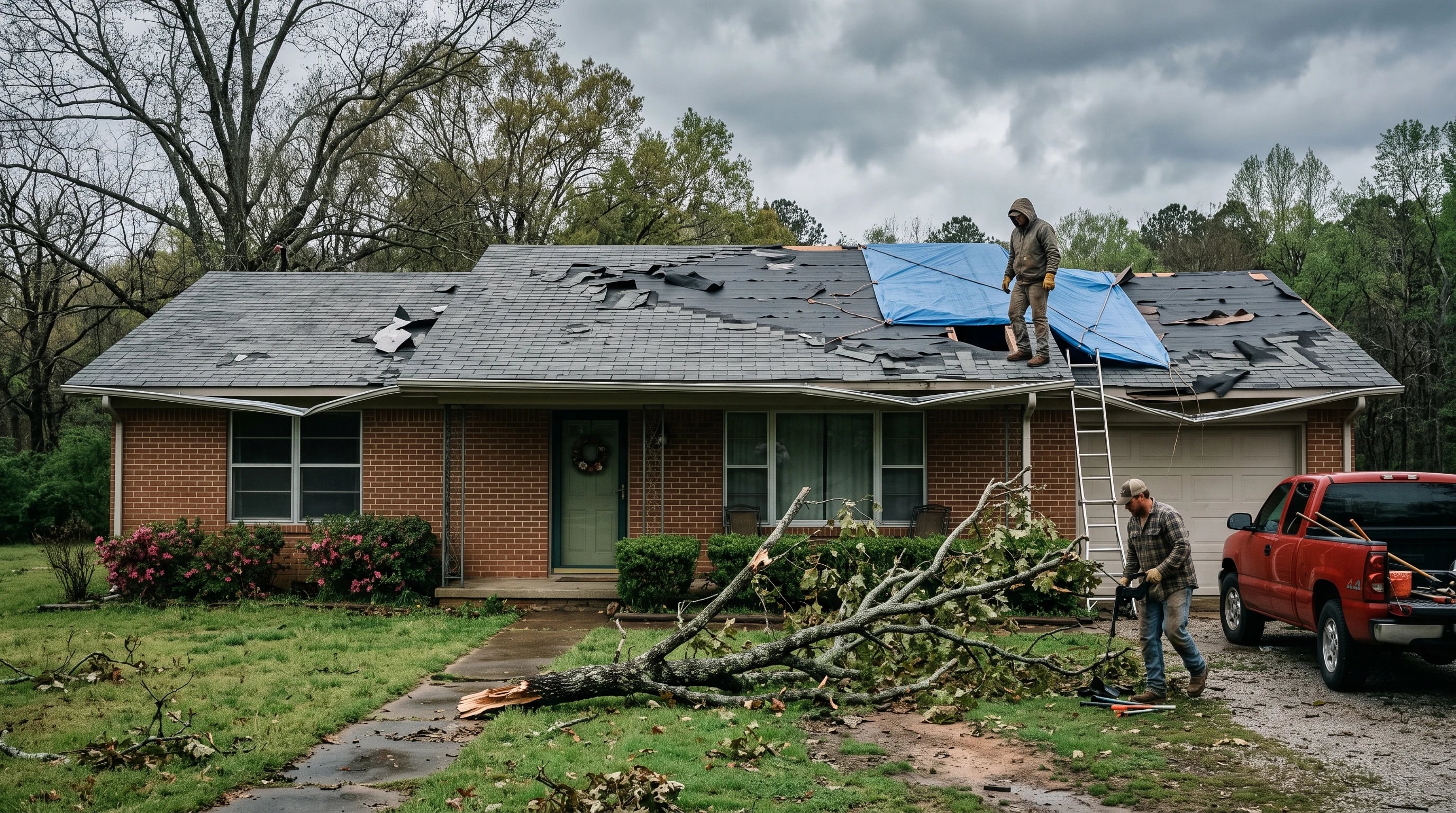 A brick ranch house with a storm-damaged roof and a blue tarp
