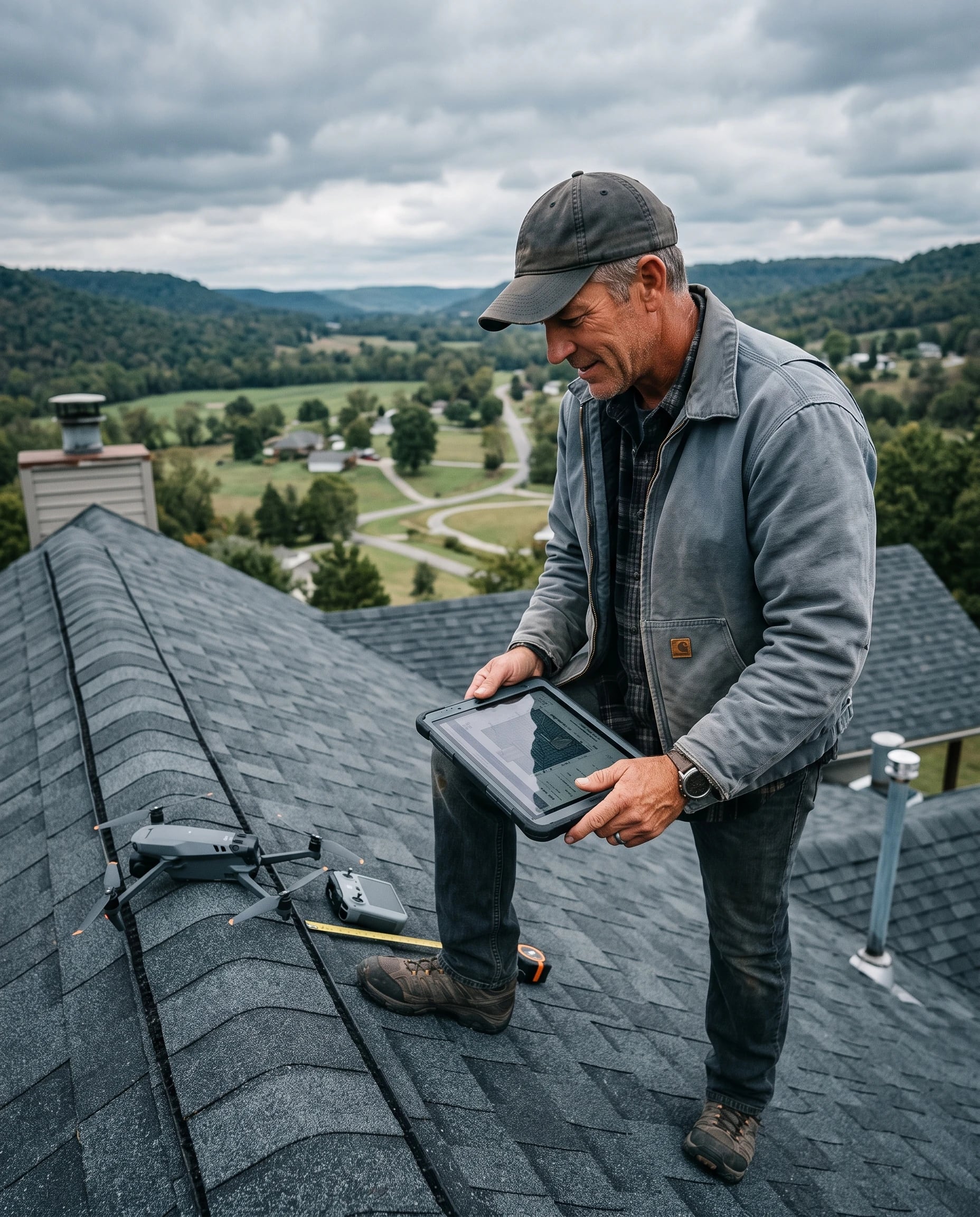 The owner inspecting a roof with a tablet, a drone beside him