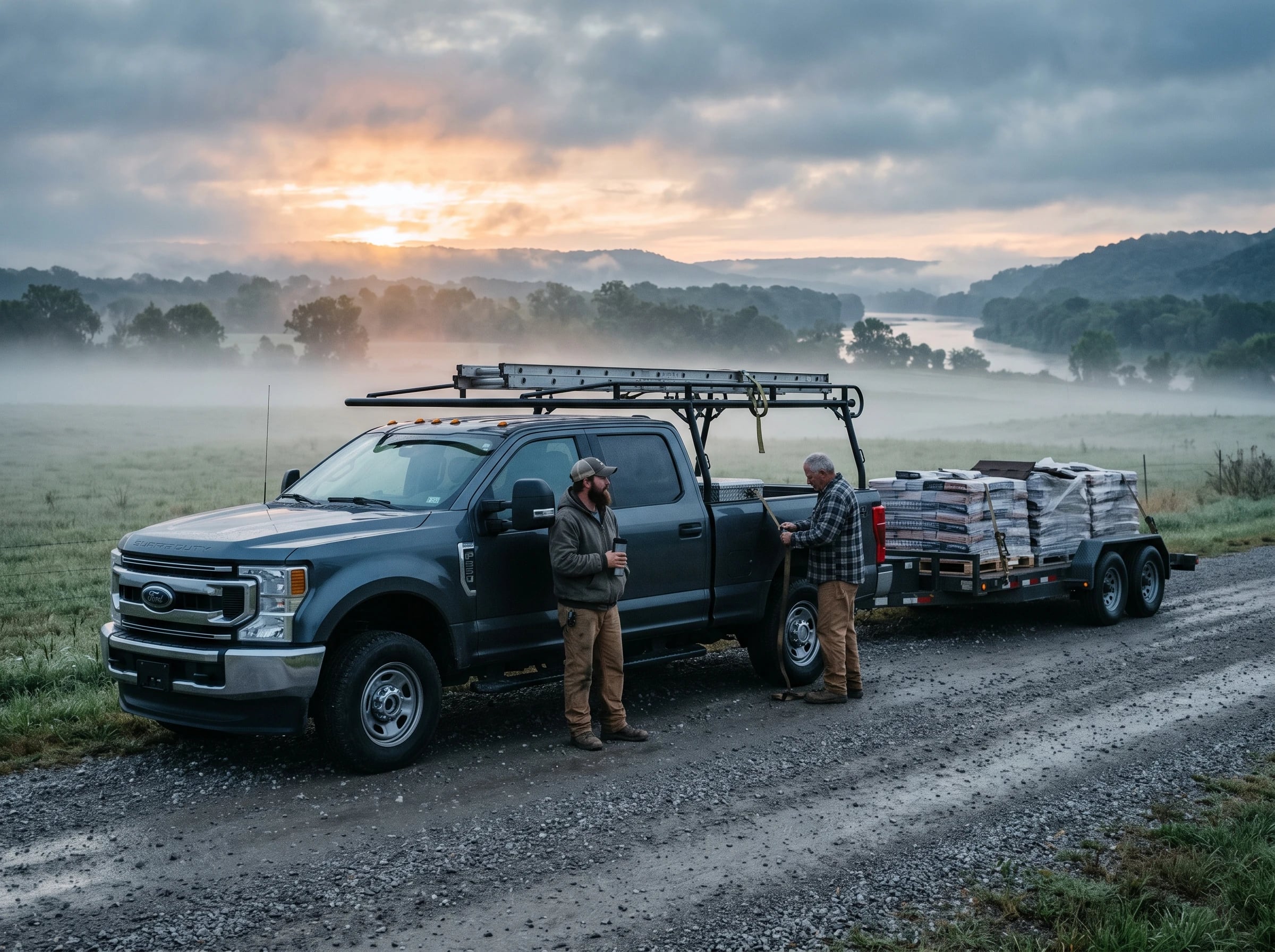 A work truck and shingle trailer at sunrise beside a misty field