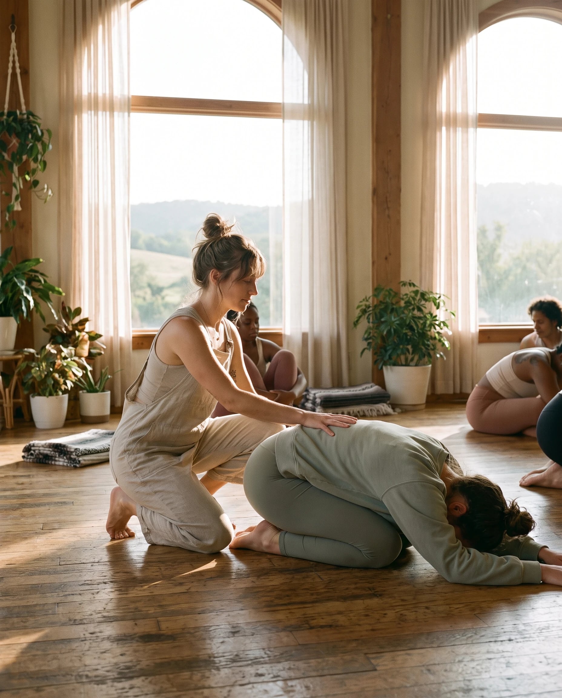 A teacher gently resting a hand on a student in child's pose