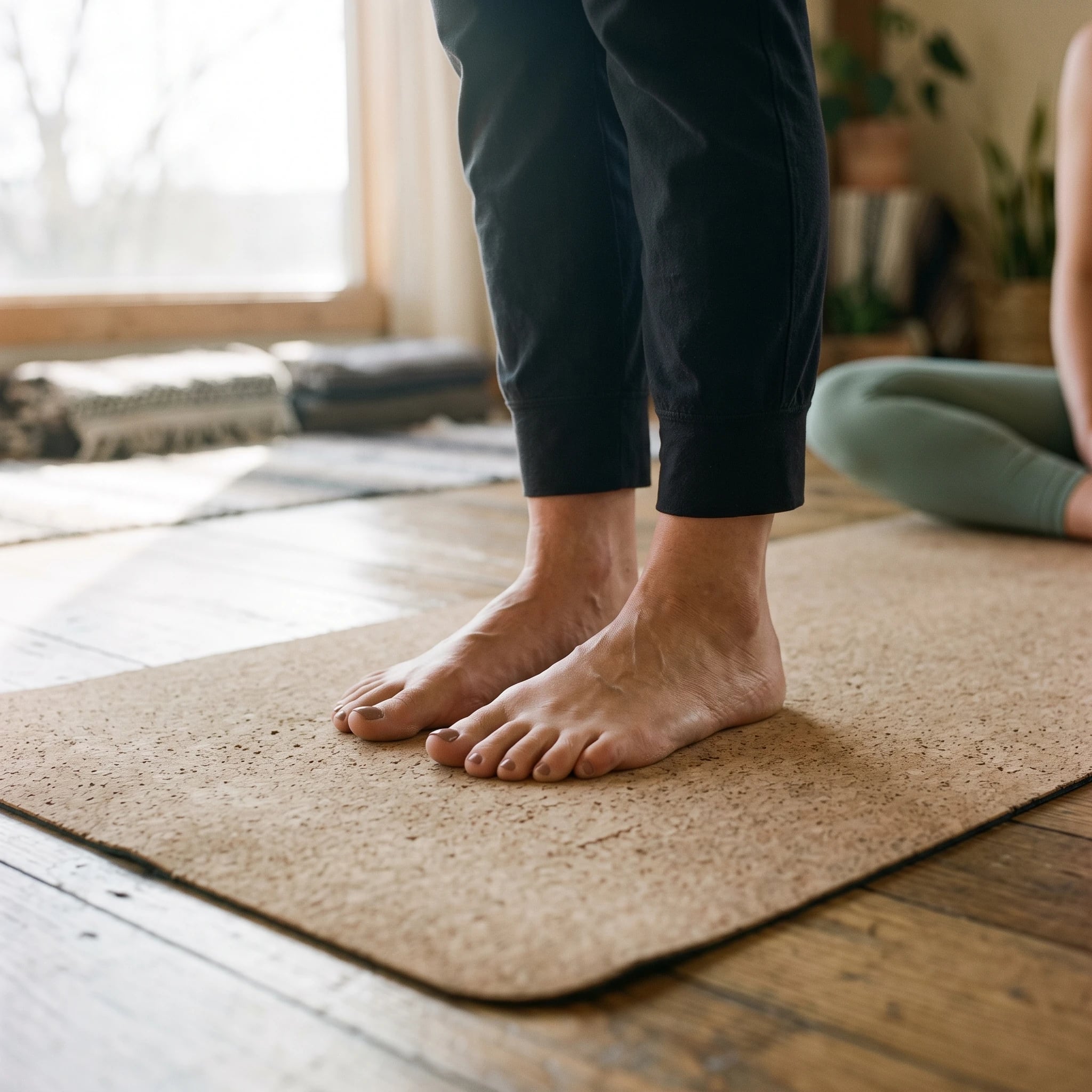 Bare feet on a cork mat in mountain pose