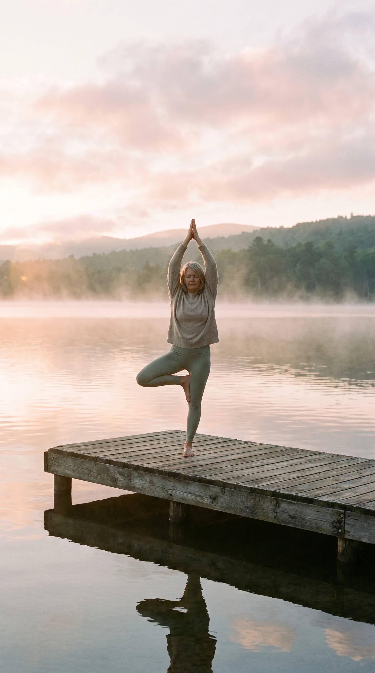 Tree pose on a dock over a misty lake at sunrise