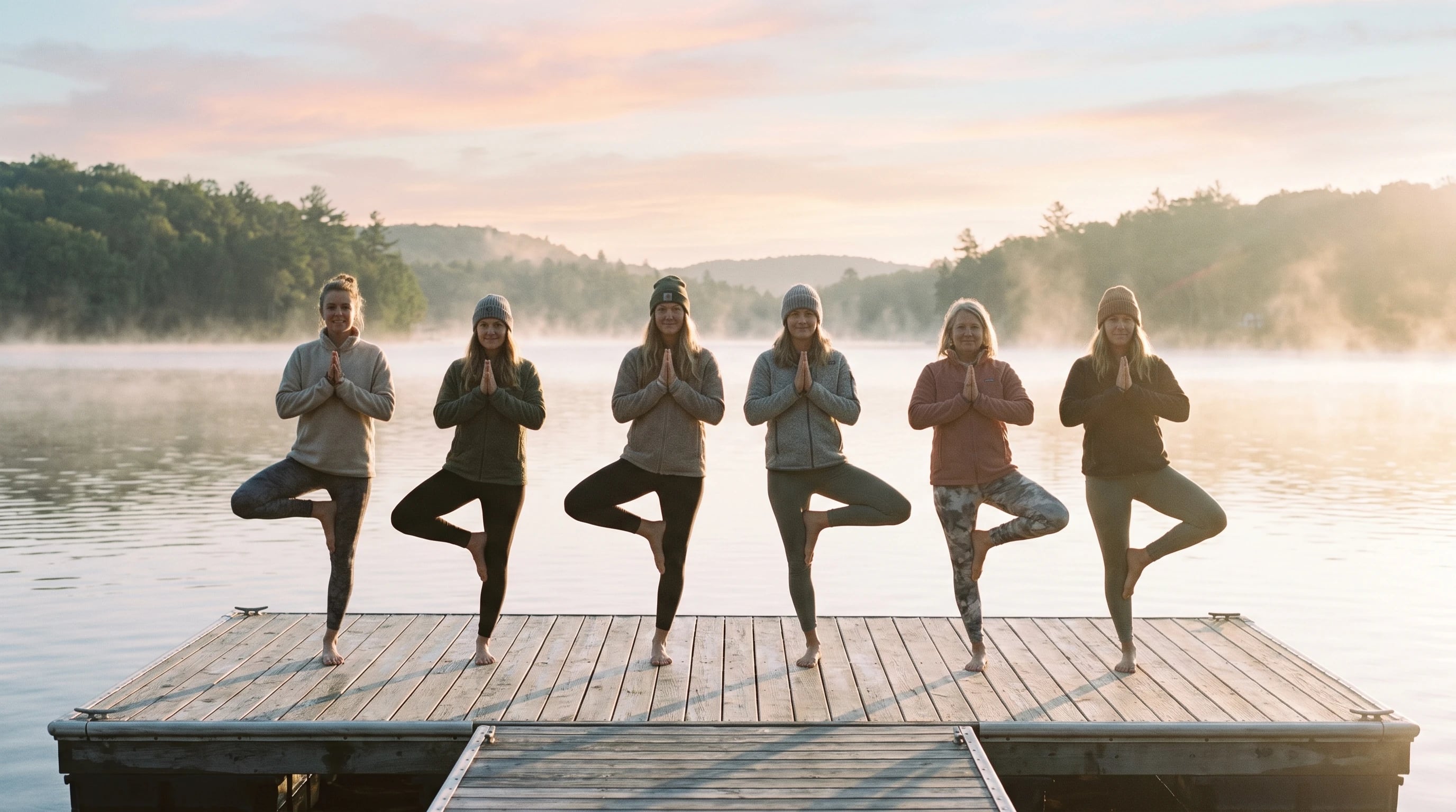 A small group in tree pose on a dock over a misty lake at sunrise