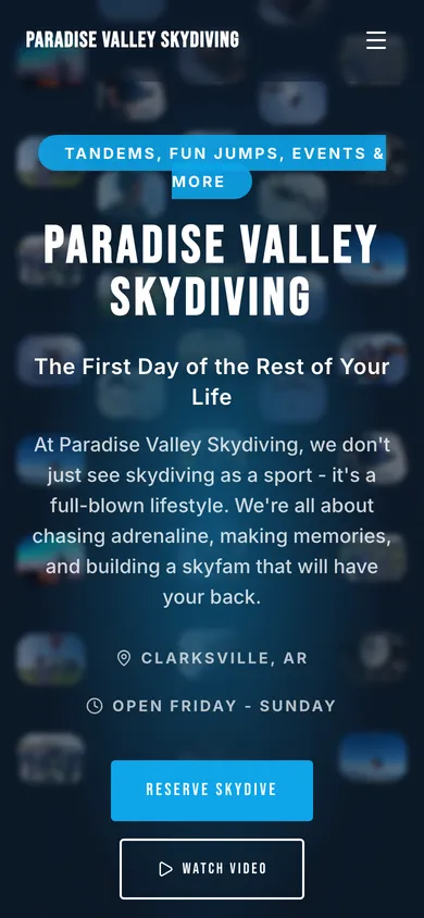 Paradise Valley Skydiving website on a phone